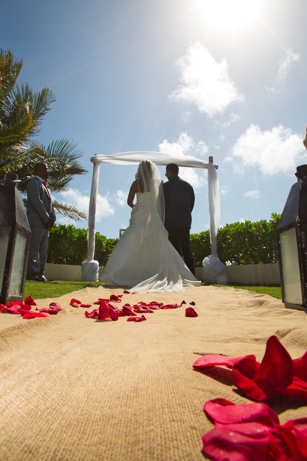 Bride and groom under a white arbor, rose petals scattered down the aisle